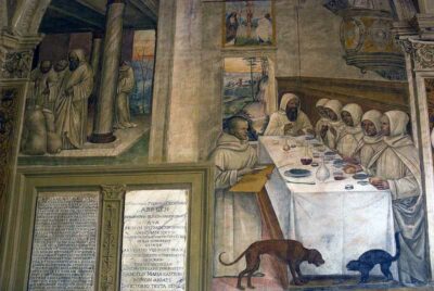 Il refettorio monastico. In questa opera di Giovanni Antonio Bazzi detto il "Sodoma" vediamo San Benedeto a tavola insieme ad altri monaci (1505 circa
