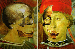 A destra, confronto somatico del teschio col presunto ritratto di Galeazzo Maria Sforza. A sinistra, lo stesso confronto col ritratto di Sigismondo Pandolfo Malatesta