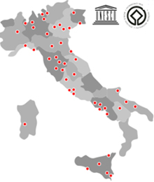 L'Italia annovera ben 47 siti (in rosso nell'immagine) inseriti dall'Unesco nella Lista del Patrimonio dell'Umanità, la World Heritage List.