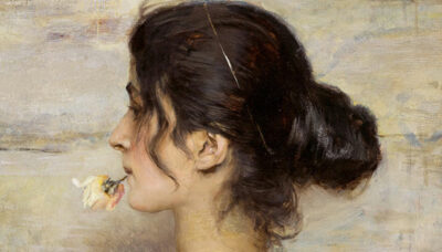 donne nell'arte Ettore Tito Con la rosa tra le labbra