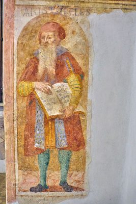 Affresco di Aristotele nell'ex biblioteca (ph. © 2022 emilio dati – mondointasca.it)