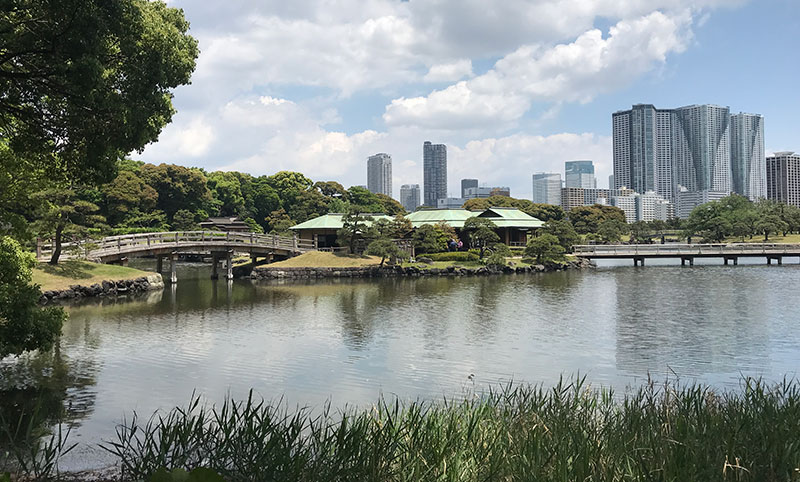 Tōkyō giardino di Hama Rikyu con vista dei grattacieli