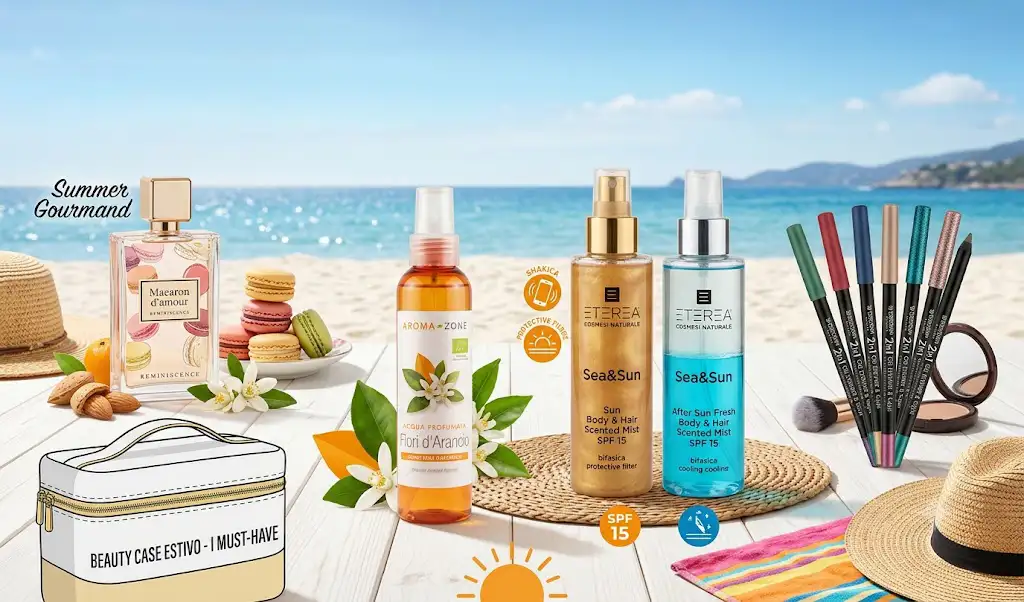 Beauty Case Estivo - Summer Gourmand, acqua profumata idratante, mist bifasica solare, makeup waterproof estate.