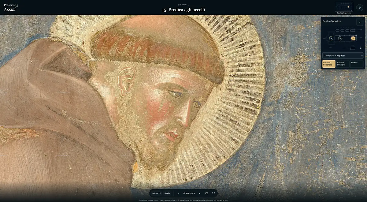 Preserving-Assisi Basilica San Francesco - Predica agli uccelli, Giotto di Bondone. Dettaglio (Courtesy of Haltadefinizione) Basilica di San Francesco Assisi virtual tour digitale