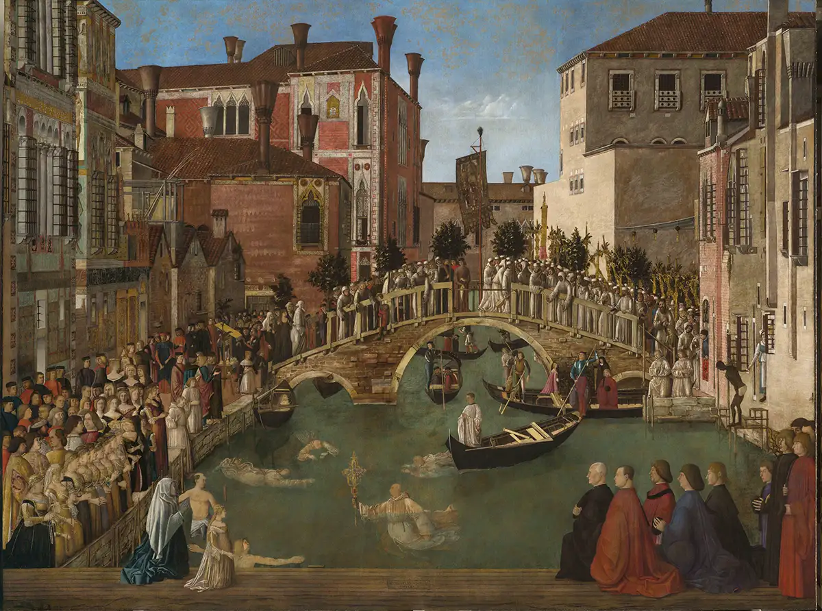 Gentile Bellini, Miracolo della reliquia della Croce al ponte di San Lorenzo - dopo il restauro Venezia, Ciclo dei Miracoli della Vera Croce, Gallerie dell'Accademia,