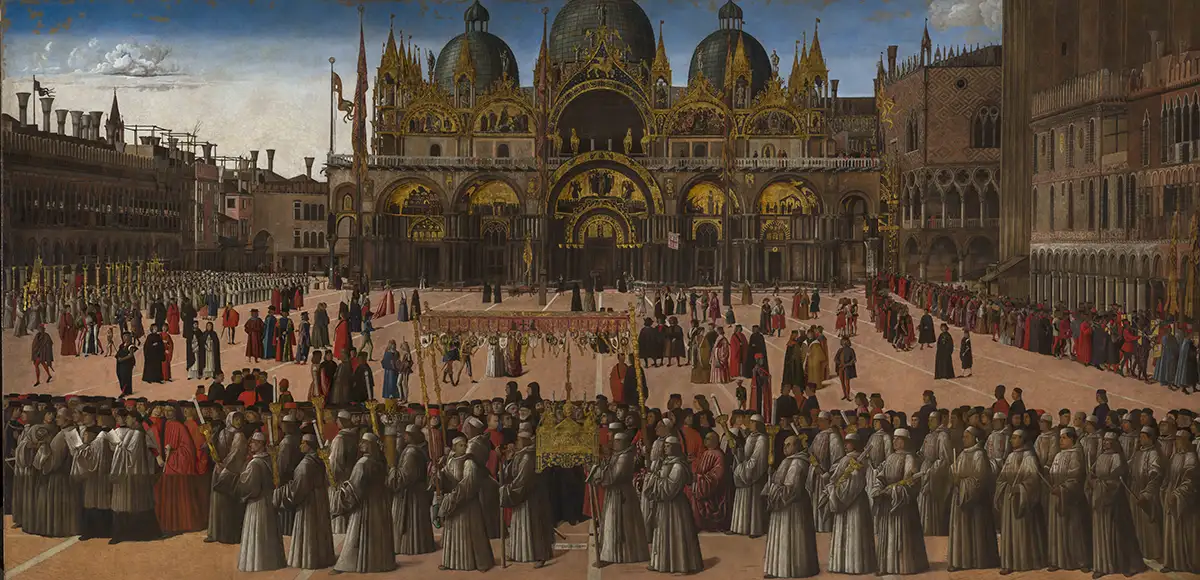 Gentile Bellini, Processione in piazza San Marco (dopo il restauro) Venezia, Ciclo dei Miracoli della Vera Croce, Gallerie dell'Accademia,