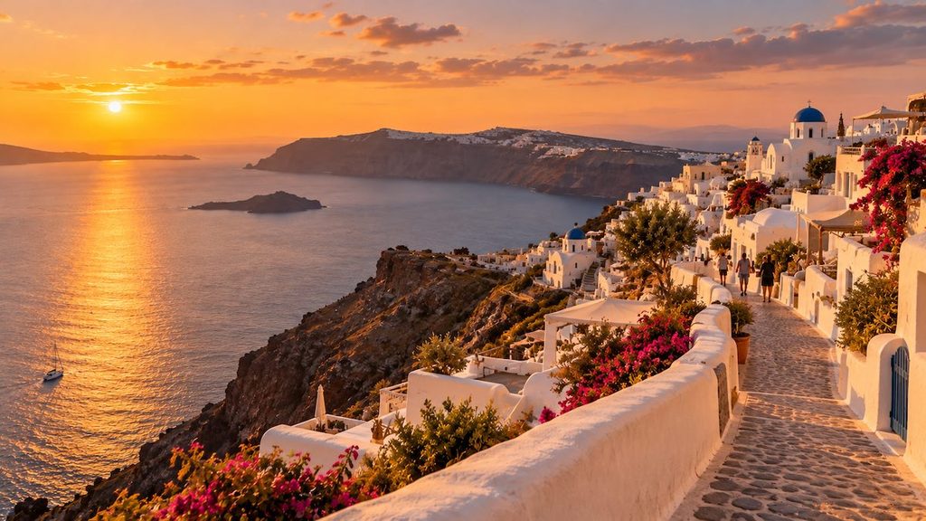 Tramonti a Santorini: i posti più belli dove vedere il sole scendere sul mare 4 Sentiero tra Fira e Firostefani con vista sulla caldera di Santorini